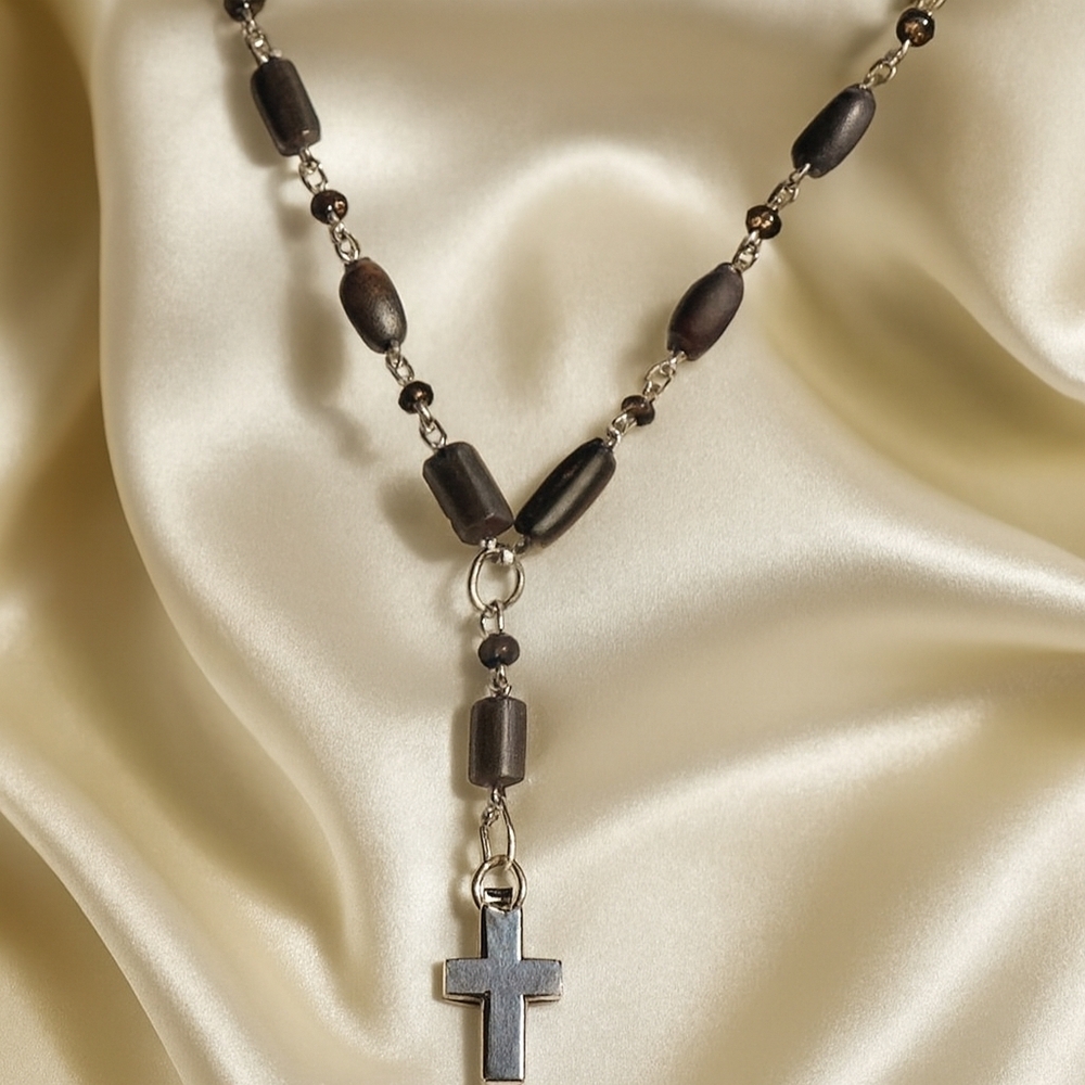 Silver & Brown Beaded Cross Pendant Necklace – Elegant Women's Fashion Jewelry